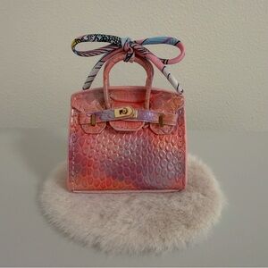 Top Grain Leather Mini Bag Charm Iridescent Gradient Embossed Texture